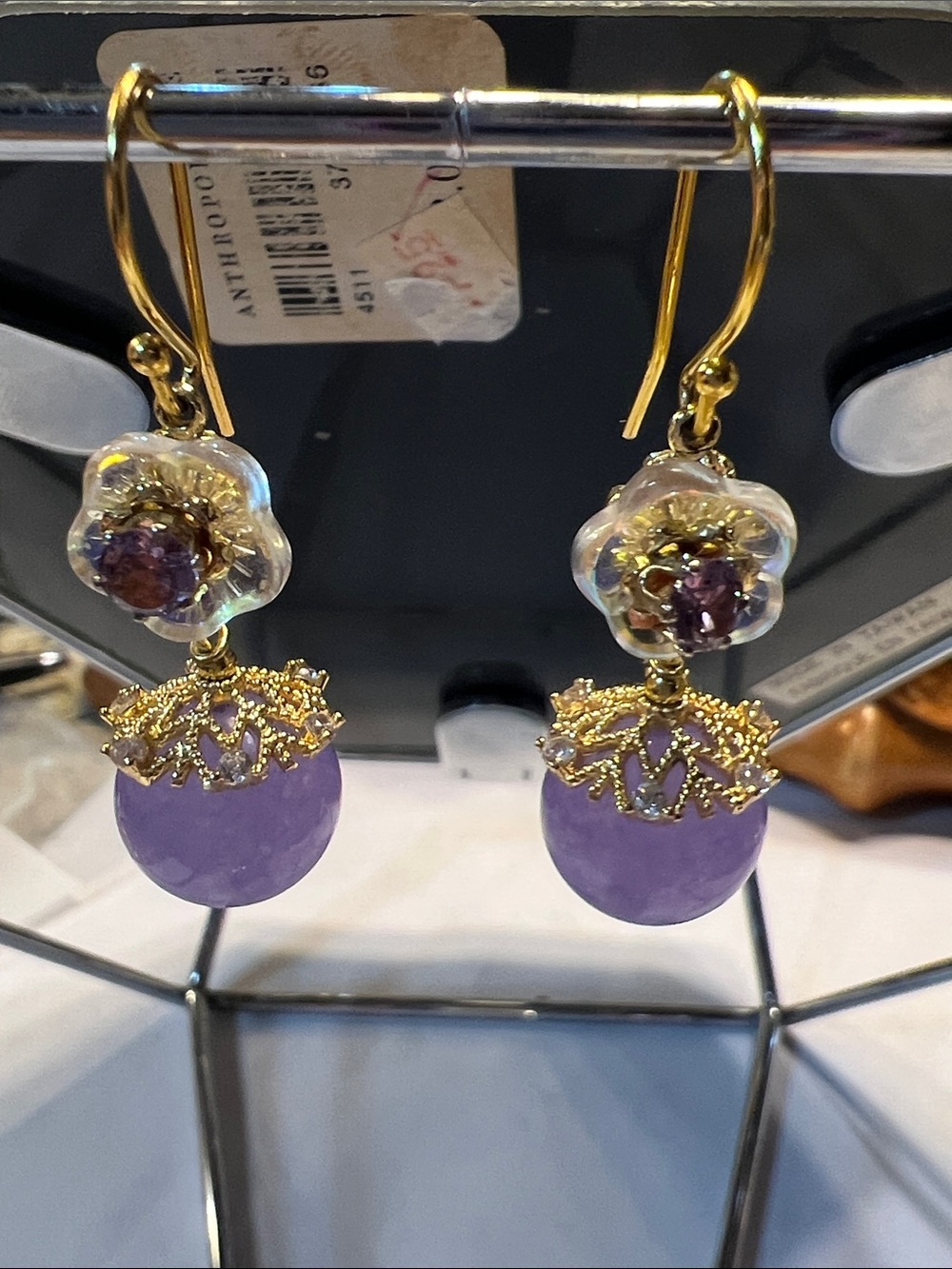 Gold-Tone and Lavender Floral Drop Earrings